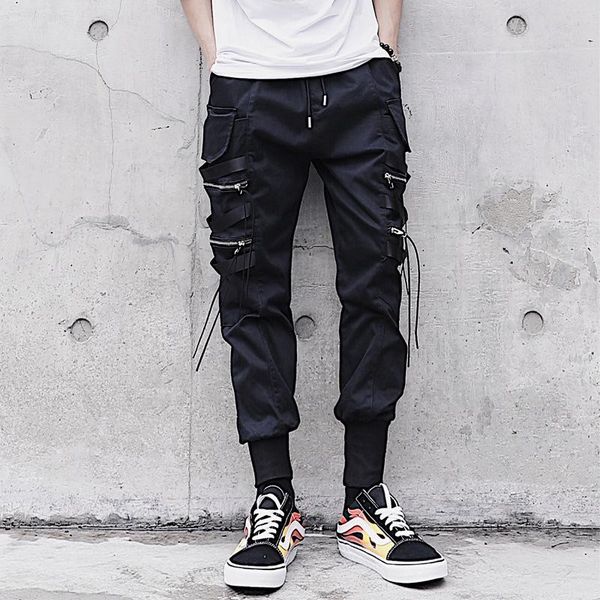 

hip hop style mens pants pocket zipper decor solid black locomotive fashion breathable with stretchy spring autumn male trouser