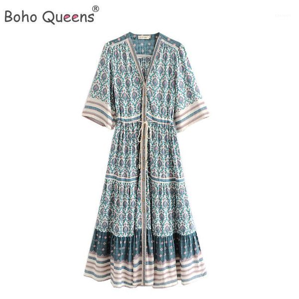 

boho queens women floral print bat sleeve beach robe bohemian maxi dress ladies v neck tassel summer dress vestidos1, Black;gray