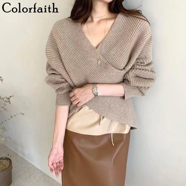 

colorfaith women pullovers sweater 2020 knitting autumn winter cross pull loose casual ladies elegant jumper sw3049, White;black