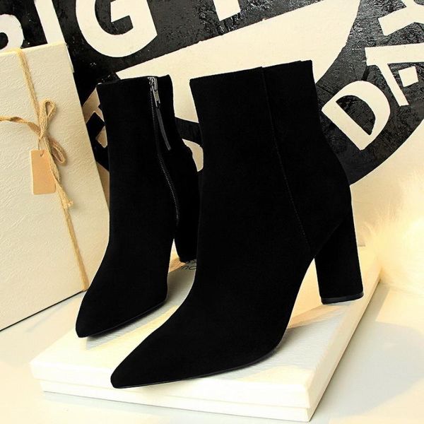 

woman shoes zip up square high heels party women boots winter, Black