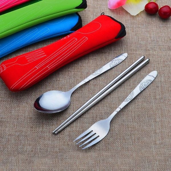 

cutlery stainless 3pcs flower portable life steel painting fork dinner set tableware case kit