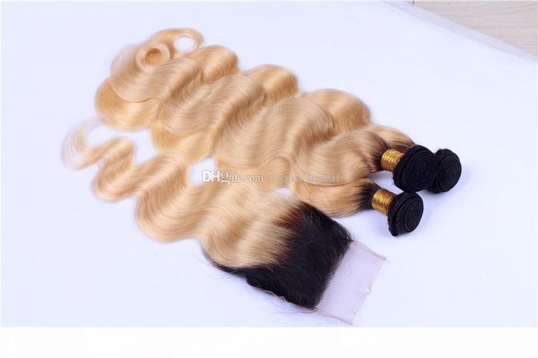 

two tone hair with closure #1b 613 blonde ombre hair with lace closure body wave human hair weaves with bleached knots lace closure, Black;brown