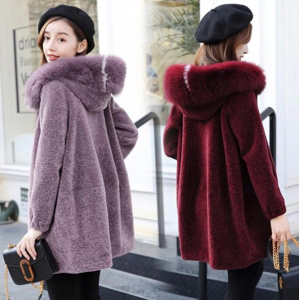 

women's fur & faux s-3xl sheep sheared coats female thickened soft warm long section imitation large collar wool coat jackets, Black