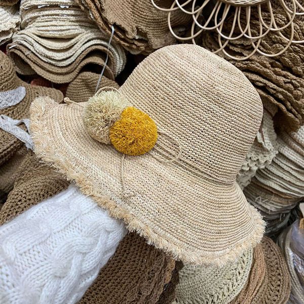 

literary lady lafite new straw fur ball decoration, big eaves fisherman's hat, sun shading decoration net, red fashion, Blue;gray