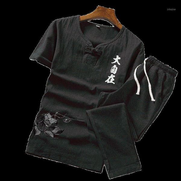 

men's tracksuits men v-neck suit summer print linen set cotton t-shirt slim short-sleeved solid color casual shorts -5xl men's cl, Gray