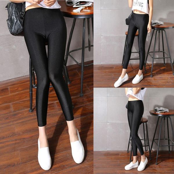 

2019 горячий продавая женщин сплошной цвет флуоресцентные shiny pant леггинсы большой размер spandex shinny эластичность повседневные брюки, Black
