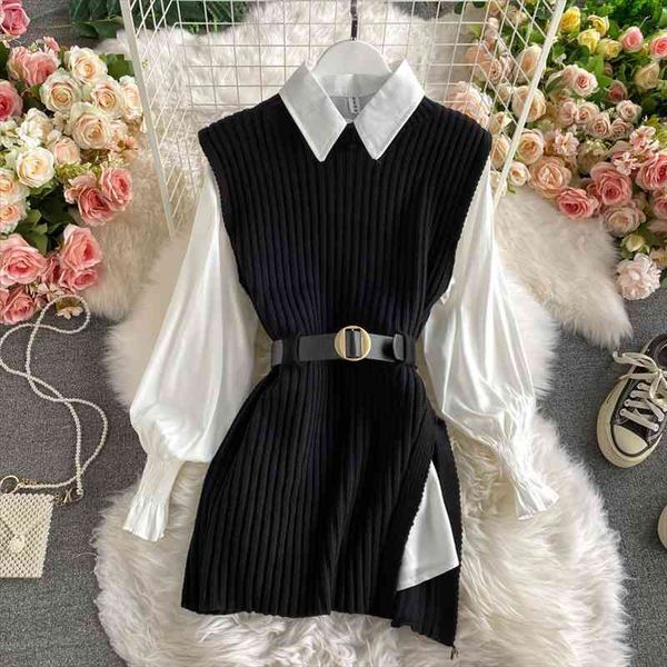

spring autumn womens lantern sleeve shirt knitted vest two piece sets of college style waistband vest two sets top, Gray