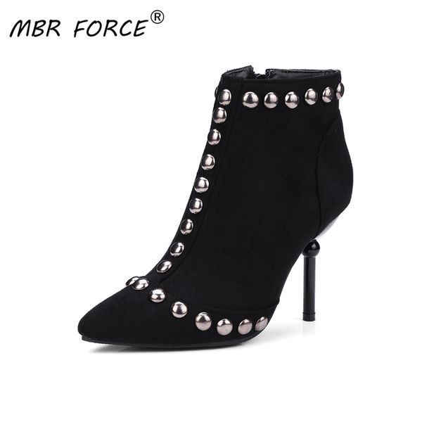 

mbr force rivet studded ankle boots for women pointed toe fashion shoes short boots zipper thin high heels comfortable ladies, Black