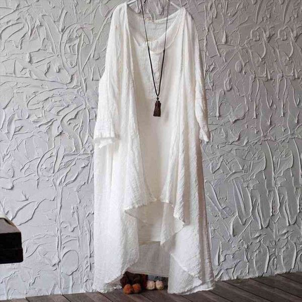 

spring autumn loose plus size cotton linen long blouse shirt solid irregular casual open stitch women ac3682, White