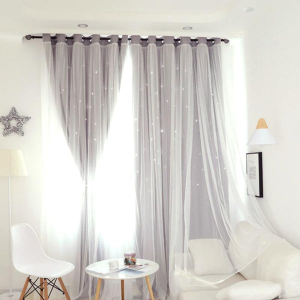 

layers hollow out stars curtains double fabric and gauze drapes blinds (grey)