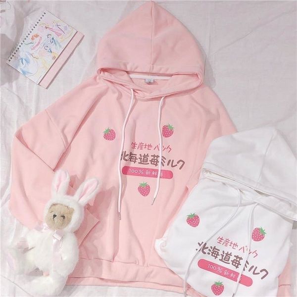 Harajuku Kawaii Fragola Latte Grafica Felpa Con Cappuccio Donna Streetwear Inverno Plus Size Donna Allentata Sottile Felpa Con Cappuccio Abiti Carini 201103