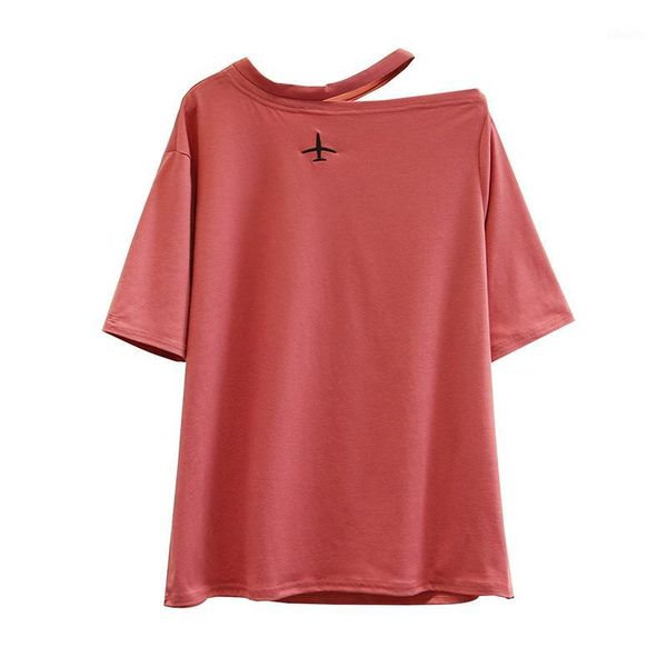 

women summer t-shirt lady tees female solid color short sleeve halterneck embroidery plane fashion plus size s5-95141, White