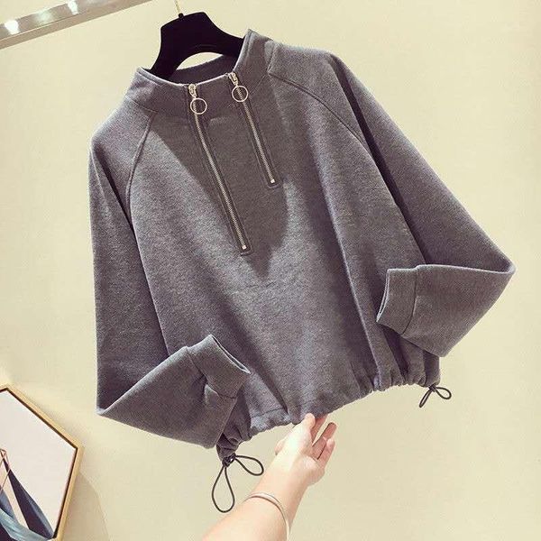

women's hoodies & sweatshirts women zip up hoodie oversize autumn winter loose thick stand collar grey cute ladies girls long sleeve cr, Black