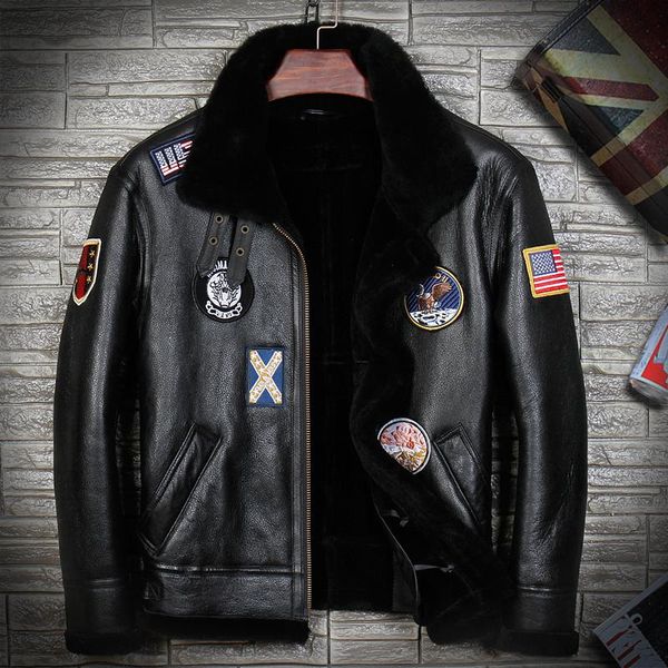 

men's leather & faux .mens plus size genuine jacket.biker sheep fur coat,winter warm sheepskin jackets.soft shearling wool, Black
