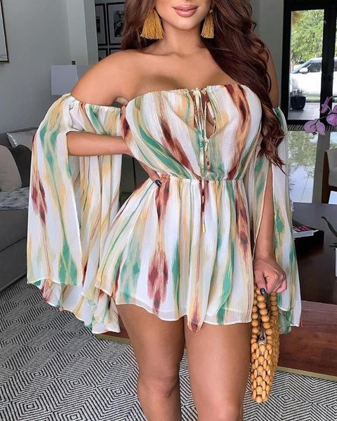 

2020 new print long sleeve slash neck chiffon playsuits women summer off shoulder backless rompers1, Black;white