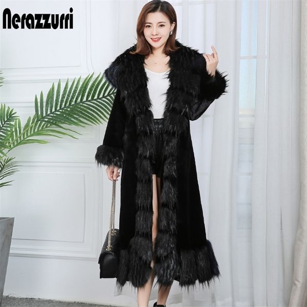 Nerazzurri Plus Size Long Faux Peles casacos para mulheres 4xl 5xl 6xl 7xl espessura quente roxo preto falso casaco de pele de faux mulheres com raposa peles trim 201210