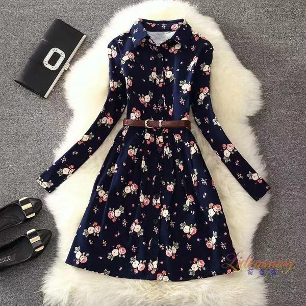 

2020 spring autumn women dresses long sleeve vintage dress with belt print floral preppy dress casual elegant femininos vestidos, Black;gray