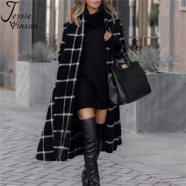 

jessie vinson vintage black hooded plaid long trench coat women chic high street belted windbreak trench lady wool coat winter 201214