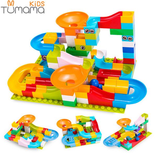 tumama 52-208pcs marble race building blocks compatible duploed funnel slide big building brick run diy bricks toys for children 1008