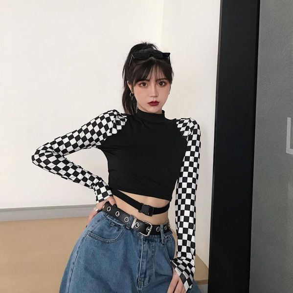 

new harajuku high waist slim plaid long sleeve t-shirt women, White