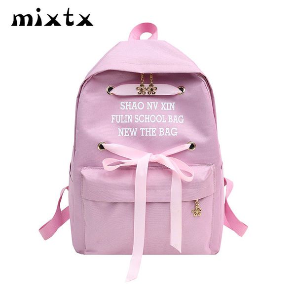 

mixtx woman new design backpack sweet girl lovely ribbon bow school bag teenagers student back pack female travel bag promotion y0125