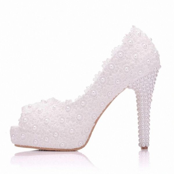 

2019 sweet flower wedding shoes women pumps high heels 11cm lace platform pearls bride dress shoes peep toe sandals female #xe7v, Black