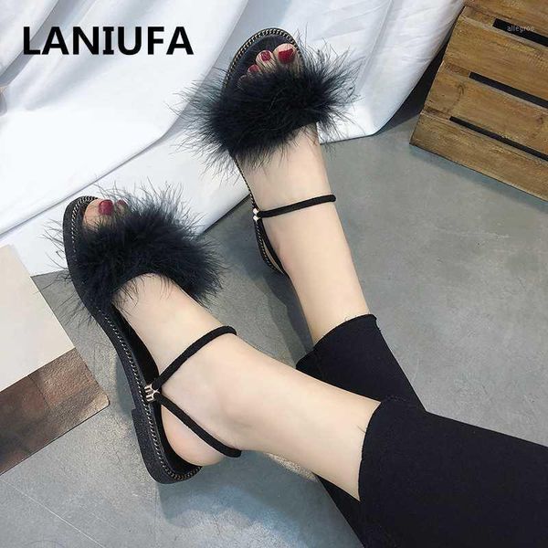 

slippers summer women fur female furry outside flats flip flops casual beach sandals fluffy plush shoes mujer zapatos #6461, Black
