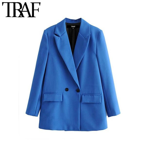 TRAF Kadınlar Chic Office Lady Kruvaze Blazer Vintage Ceket Moda Çentikli Yaka Uzun Kollu Bayanlar Giyim Şık Tops LJ200911
