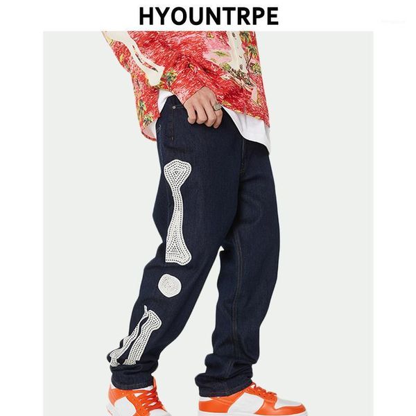 

fashion side skull denim jean pants mens straight zipper jeans trouser hip hop streetwear new casual loose joggers jeans pants1, Blue