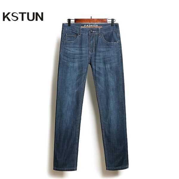 

kstun business casaul mens jeans retro blue straight elasticity summer thin vintage man long trousers denim pants jean homme