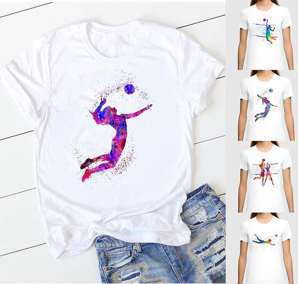 

women clothes watercolor volleyball girl graphic print t shirt femme korean style t-shirt female tumblr streetwear, White