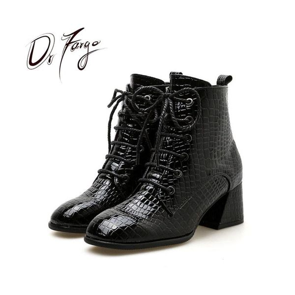 

boots drfargo 2021 shoes women's zipper crocodile skin pattern ankle square heel fashion round toe ladies qs334, Black