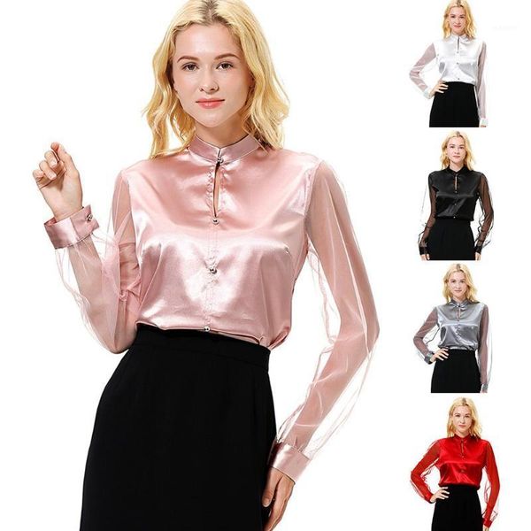 

women clothing trend casual slim imitation silk long mesh sleeve button down shirt work office blouse, White