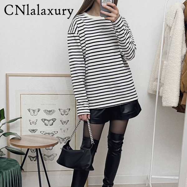 

cnlalaxury women black and white stripes o neck casual long sleeve loose pullover za t-shirt srping fashion shirt 220314
