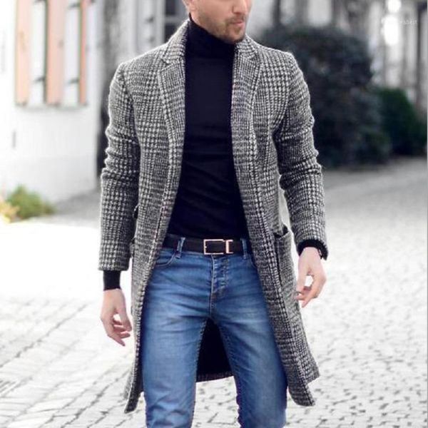 

winter men retro simple mid-length plaid coat jacket overcoat warm jackets vintage plaid coats male outers 2021 new woolen coats1, Black