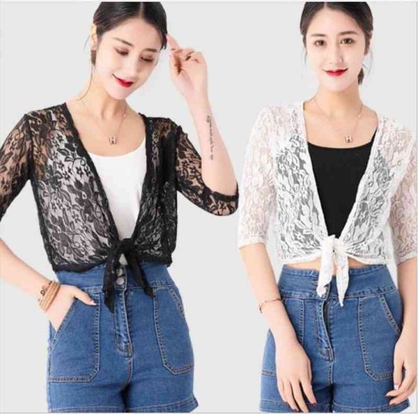 

spring summer fashion see-through lace blouse long sleeve cardigan casual loose cotton women plus size shirt cardigan, White;black