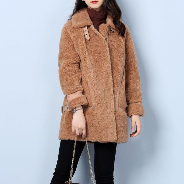 

2020 women autumn winter wool fur composite wool fur coat warm female natural sheep shearing motorcycle outewear jacket a2151, Black