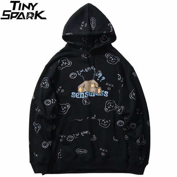 

2020 hoodies sweatshirt patch bear graffiti print men hip hop streetwear winter fleece cotton pullover hoodie autumn sweat shirt, Black