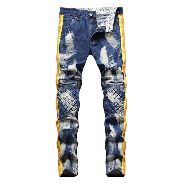 

kiovno men hip hop painted jeans trousers straight patchwork denim pants for male streetwear, Blue