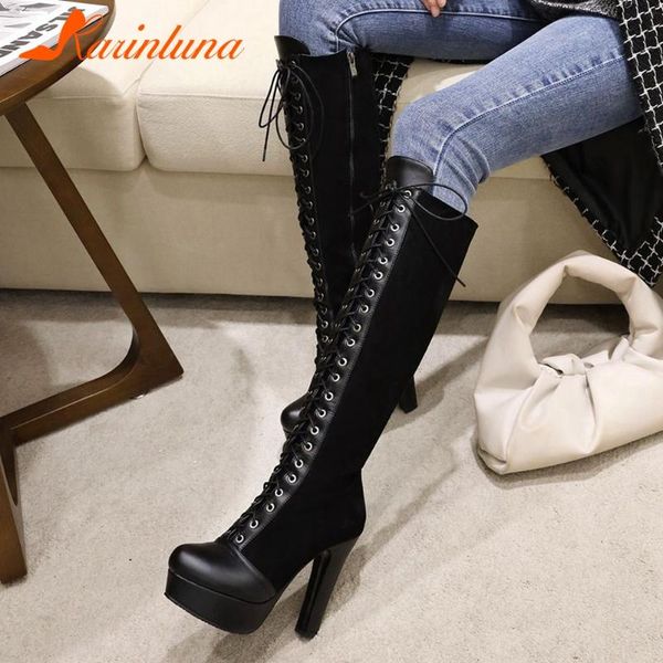 

karin shoes woman patchwork platform spike heels knee high boots zip cross-tied autumn, Black