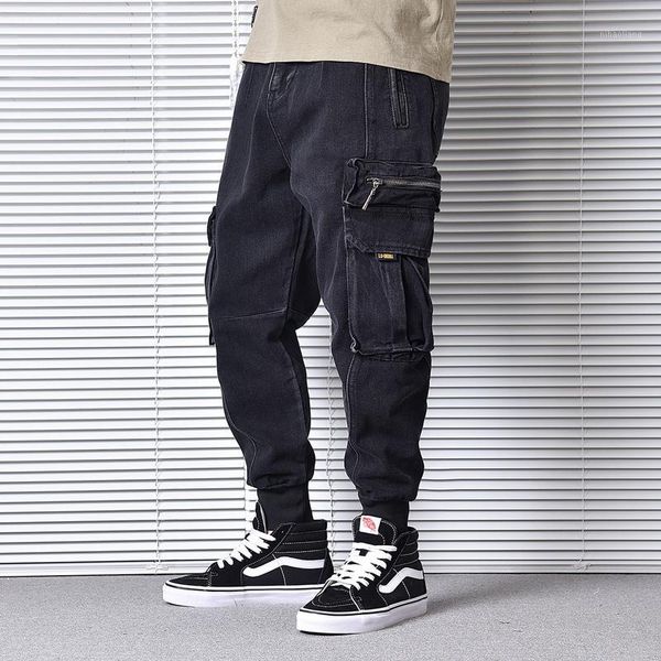 

japanese style fashion men jeans loose fit big pocket cargo pants vintage designer sstreetwear hip hop jeans men harem trousers1, Blue