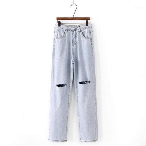 

summer thin new high waisted pants with a sense of draping, loose and thin, with holes, straight bobbin pants are soft1, Blue