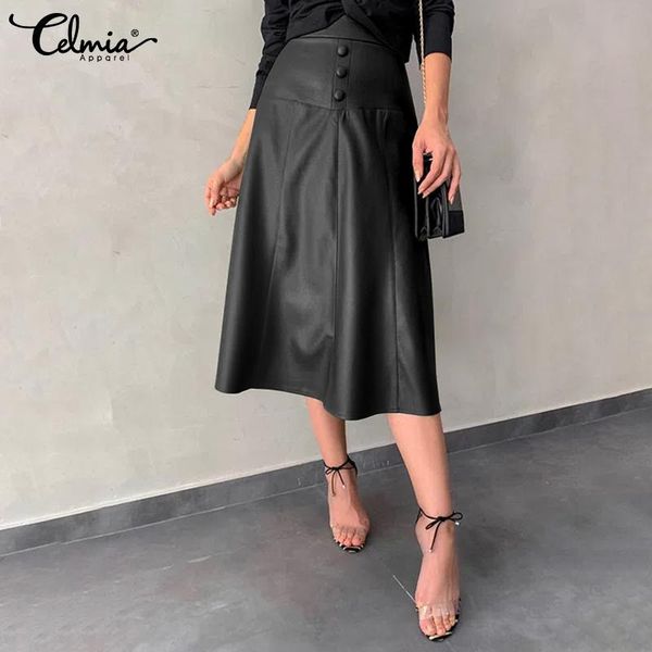 

s-5xl plus size a-line skirt celmia pu leather skirts spring women fashion office midi skirt casual solid party femininas, Black