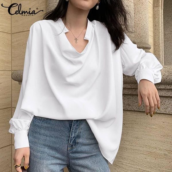 

2021 summer women blouses celmia chiffon long sleeve shirts autumn solid casual pleated asymmetrical tunic femininas, White