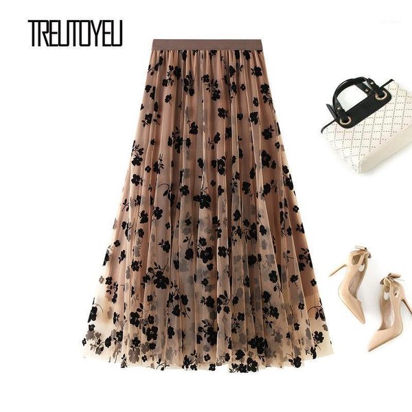 

treutoyeu black floral flocked tulle long skirt female spring summer elastic high waist a line fairy's mesh skirts womens 20201