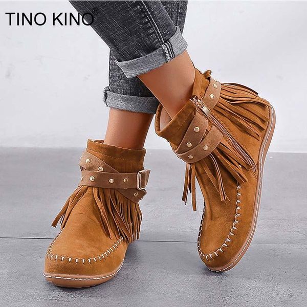 

women retro ankle boots shoes casual ladies tassle rivet flats autumn zipper vintage boots sewing new woman plus size shoe hot, Black