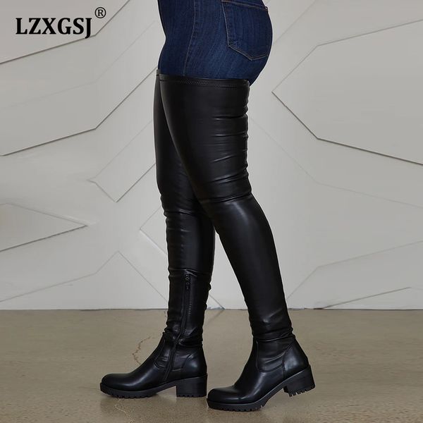 Женские зимне-весенние сапоги до бедра, кожаные удобные туфли на низком каблуке, женские водонепроницаемые сапоги выше колена, большие размеры 43, 220214