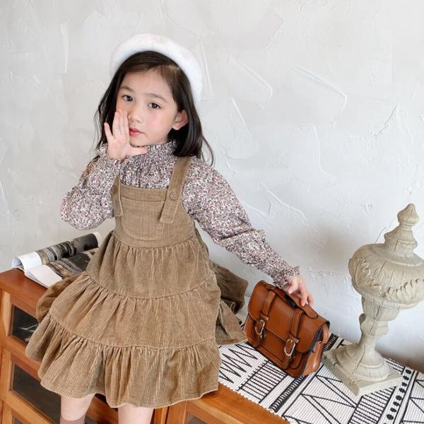 

2021 new girls 2 pcs set floral shirt + corduroy dress autumn cotton fashion girls suits 2-7 years qv590, White