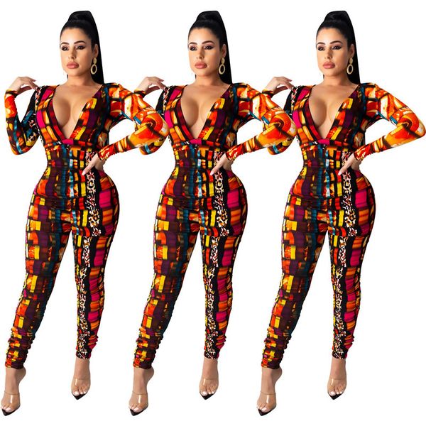 

women designer clothes deep v-neck leopard print pleated jumpsuit fashion long sleeves jumpsuit tight ladies rompers s-xxl cz103002, White