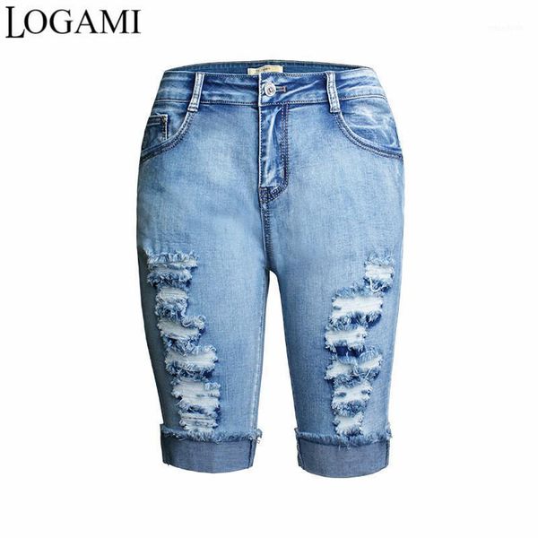 

logami stretch ripped jeans for women skinny knee length jeans woman denim1, Blue